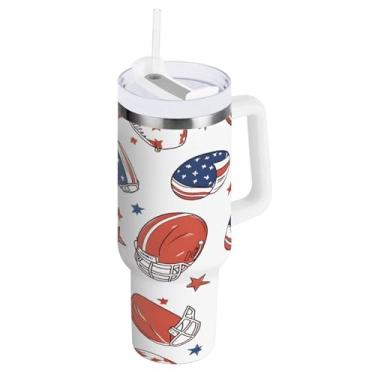 Imagem de Qilmy Copo de bola de futebol americano de 850 g e capacete com tampa e canudo, copo isolado de aço inoxidável durável à prova de vazamento com alça, garrafas de água à prova de derramamento para