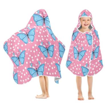 Imagem de Burbuja Toalha de banho com capuz borboletas azuis claras para crianças, toalha de praia de pelúcia macia absorvente para meninas e meninos 3-10 anos, 61 x 127 cm