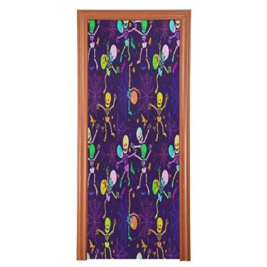 Imagem de Qilmy Decoração de capa de porta 89 x 200 cm tecido grande placa de decoração de festa de Halloween para porta da frente Halloween bonito caveira varanda decoração externa janela parede 547