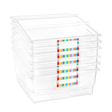 Imagem de Pacote com 6 caixotes de livros ilustrados com divisórias para biblioteca de sala de aula, grande suporte de livros de plástico com etiquetas para sala de aula, biblioteca, revistas, organizador de