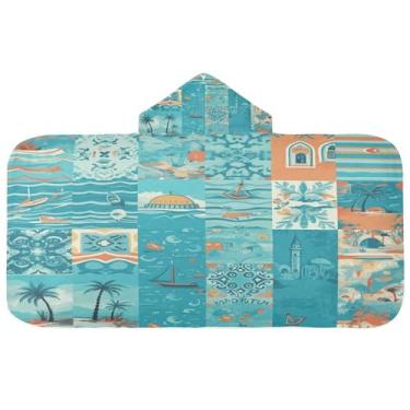 Imagem de Burbuja Toalha de banho com capuz Summer Tiles para crianças, toalha de praia de pelúcia macia absorvente para meninas e meninos 3-10 anos, 61 x 127 cm