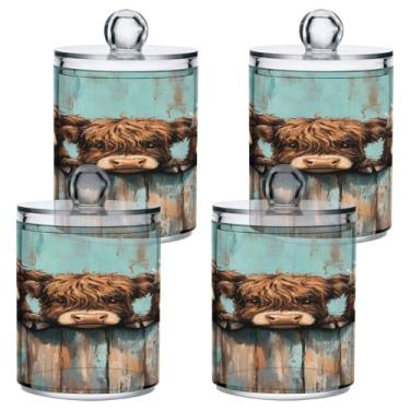 Imagem de STAYTOP 4 frascos fofos de boticário de vaca Highland Cow Qtip para banheiro com etiquetas - Recipiente de armazenamento Qtip de plástico transparente para bola de algodão, cotonete, grão de café