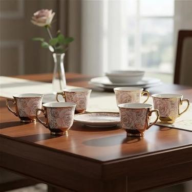 Imagem de Xícara de café kit com 12 peças de Cerâmica e porcelana kit xicaras com pires(Xicara de flor rosa)