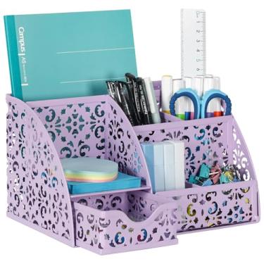 Imagem de EasyPAG Porta-canetas, organizador de mesa com gaveta, copo para mesa, 6 compartimentos, armazenamento de metal para escritório, com suporte de notas adesivas para escola, casa, escritório, roxo