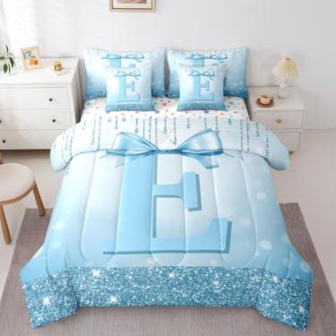 Imagem de Conjunto de edredom feminino com laço azul e lençol para crianças, adolescentes, 7 peças, com design de laço, moderno, moderno, conjunto de colcha de cama com laço azul