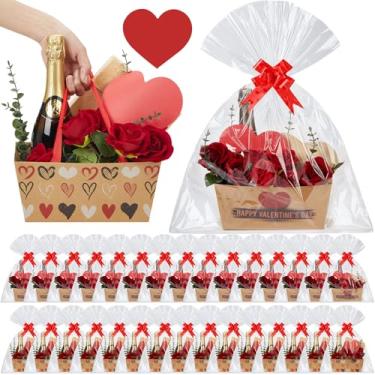 Imagem de Kolldenn Cesta de presente vazia para encher 24 x 15 cm, caixa de buquê rosa roxa com alças, laços, sacos de plástico e cartão para festa do chá de Ação de Graças, Natal, arranjo de casamento (96