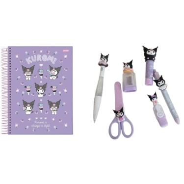 Imagem de Kit Escolar Kur-omi com Caderno 10 Matérias 160 Folhas, Caneta LED, Tesoura, Apontador, Cola Bastão, Caneta Labirinto, Marca Texto, Rosa e Roxo, 7 Itens