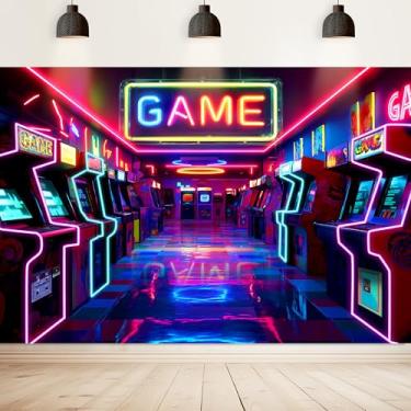 Imagem de Imirell Arcade Game Neon Pano de fundo 12,5 m L x 9,5 cm A colorido retrô para jogos, sala de jogos, sala de jogos, tecido de poliéster legal, para meninos, fotografia, decoração de sessão de fotos