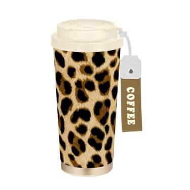 Imagem de TSENQUE Copo de café de viagem 473 ml com tampa de canudo e filp, copos de parede dupla isolados a vácuo com revestimento cerâmico, estampa de leopardo preto marrom bege