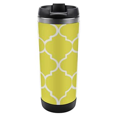 Imagem de Azulejos marroquinos amarelos sem costura com linhas brancas, elementos tradicionais, garrafa de água de aço inoxidável, parede dupla com alça 370 ml, caneca de viagem isolada quente e fria à prova de