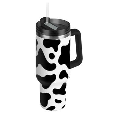 Imagem de Joisal Copos de textura de vaca preto e branco com tampa e canudo à prova de vazamento fofo copo de 850 g com alça garrafas de água isoladas copo de café de carro de aço inoxidável