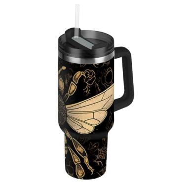 Imagem de Joisal Abelha amarela em copos pretos com tampas e canudos, garrafas de água de aço inoxidável, isoladas, copo de 850 g com alça copo grande para quente e frio