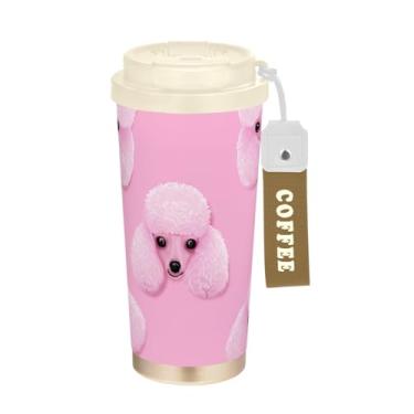 Imagem de Caneca de viagem de café 40 ml com canudo e tampa de filp, copo de parede dupla isolado a vácuo com revestimento cerâmico, lindos cães poodles rosa