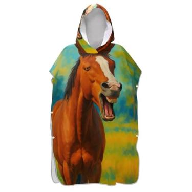 Imagem de TSENQUE Poncho de surf engraçado marrom arte cavalo para adultos trocador absorvente feminino ponchos com capuz praia moletom toalha natação