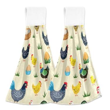 Imagem de Cute Farm Chickens toalhas de cozinha amarelas penduradas no outono conjunto de toalhas de gravata de forno personalizadas com 2 toalhas de cozinha absorventes para decoração de casa, 46 x 35 cm