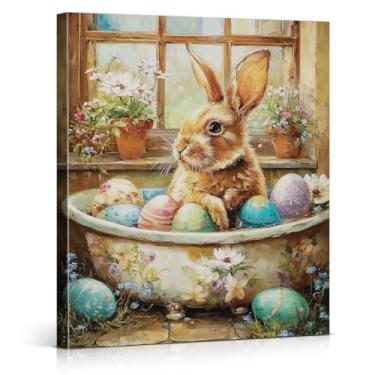 Imagem de Arte de parede vintage coelhinho Páscoa banheiro impressão floral ovos de coelho na banheira pintura em tela imagem Páscoa casa de fazenda banheiro decoração de parede 20 x 25 centímetros emoldurado