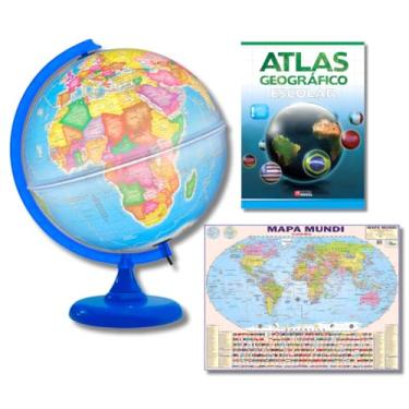 Imagem de GLOBO TERRESTRE POLÍTICO LUMINOSO BASE AZUL 30CM + MAPA MUNDI + ATLAS GEOGRÁFICO