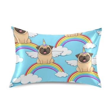 Imagem de Fronhas refrescantes impressão arte fofa padrão king queen fronha cetim decoração de cama para casa tamanho queen 76.2 cm x 50.8 cm bonito Pug arco-íris unicórnio
