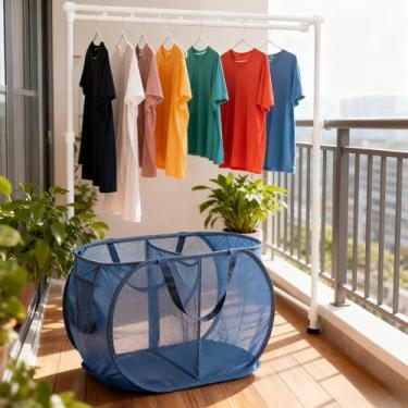 Imagem de Cesto de roupa suja dobrável com 2 compartimentos, cesta grande de malha dobrável de 75 L para lavanderia, fácil de transportar e separar para dormitório, casa, quarto de crianças, viagens