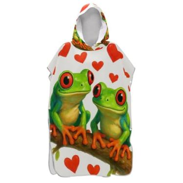 Imagem de Toalha de praia com capuz de secagem rápida capa fofa engraçada sapos verdes corações vermelhos cobertor poncho de banho, tamanho único