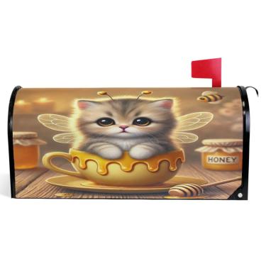 Imagem de TSENQUE Capas de caixa de correio magnéticas decorativas de primavera envoltórios de caixa de correio de vinil decoração de casa de fazenda ao ar livre gatinho abelha gato fofo tamanho grande 64,5 x