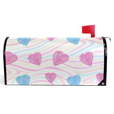 Imagem de TSENQUE Capas decorativas para caixa de correio de vinil magnético envoltório de caixa de correio verão decorações modernas de caixa de correio desenhos animados corações rosa azul tamanho grande 64,5