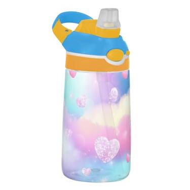 Imagem de Cute Pastel Clouds Hearts Garrafa de água infantil com canudo 473 ml Tritan 473 ml Garrafa de água esportiva à prova de vazamento, copos de viagem para crianças, portátil, alça de transporte