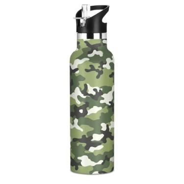Imagem de Joisal Garrafas de água infantis de camuflagem militar verde e branca com tampa de palha, garrafa de água isolada de aço inoxidável com parede dupla, à prova de vazamento, copos infantis para escola