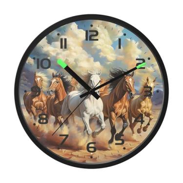 Imagem de SEHANY Relógio de parede artístico majestoso cavalos silencioso, sem tique-taque, relógio redondo operado por bateria, controle de som, luz noturna, relógios de parede para sala de estar, cozinha