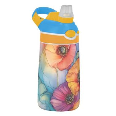 Imagem de Garrafa de água esportiva infantil colorida floral para escola, 473 ml Tritan garrafa de água de 473 ml com canudo, copos de viagem infantis portáteis reutilizáveis, alça de transporte
