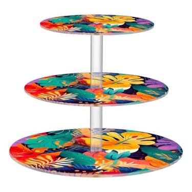Imagem de Folhas coloridas 3 camadas suporte de cupcake para festa, copo de acrílico, torre de bolo, bandejas de servir para festas, sobremesas, decoração de mesa, desenho animado de casamento