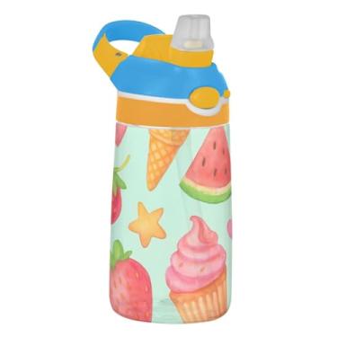 Imagem de Garrafa de água esportiva infantil fofa de morango e melancia para escola, 473 ml, garrafa de água Tritan de 473 ml com canudo, copos de viagem infantis à prova de vazamento, reutilizáveis, alça de