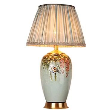 Imagem de Abajur de cabeceira moderno em estilo chinês, grande, de cerâmica oriental, com pintura em cerâmica, corpo leve e cúpula de tecido. Interruptor de botão E27.