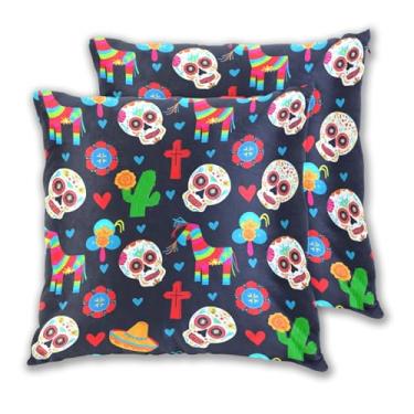 Imagem de Joitme Conjunto de 2 capas de almofada coloridas com caveiras pretas de desenho animado, capa de almofada fofa para ambientes externos, decoração de casa, estética, 50 x 50 cm, 2 peças