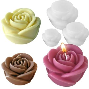 Imagem de TOPYS 3 moldes de vela de flor de rosa, moldes de rosa 3D para o dia dos namorados, 3 tamanhos de fondant de silicone em forma de flor para sabonete, aromaterapia, cera, resina, arte, argila