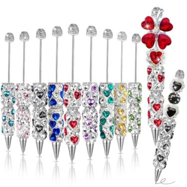 Imagem de KUNHEHO 10 peças de canetas de pedras preciosas em forma de coração, canetas cheias de strass para contas, caneta de diário fofa para mulheres, caneta esferográfica divertida com glitter, presentes