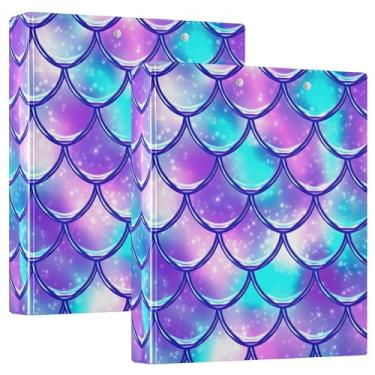 Imagem de Fichários de escamas de sereia roxas de 3 cm com 3 anéis para 200 folhas, pastas fofas para cadernos, fichário planejador, 31,5 x 27 x 6 cm, pacote com 2
