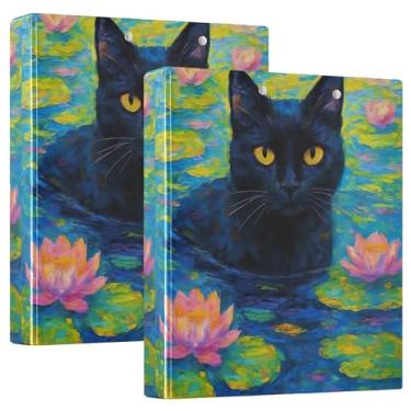 Imagem de Fichários de lírio de água de gato preto, 3 polegadas, 3 argolas, 200 folhas, portfólio de pastas portáteis, fichário planejador de anéis redondos, 31,5 x 27 x 6 cm, pacote com 2