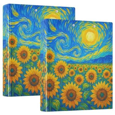 Imagem de 3 fichários retrô de girassol, azul estrelado, 200 folhas, portfólio de pastas florais fofas, anel redondo, 31,5 x 27 x 6 cm, 1 pacote