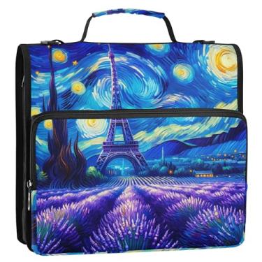 Imagem de Pasta organizadora de fichários escolares com alça de ombro e alça de 3 anéis de 3 cm para uso pesado e noite estrelada lavanda Eiffel com alça de ombro