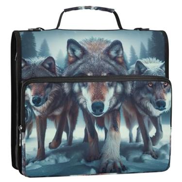 Imagem de Organizador de fichário com zíper, 3 fichários de 3,8 cm, anel D de 3,8 cm, estampa de lobos fofos, vários bolsos, pastas de portfólio grande com alça bolsa escolar