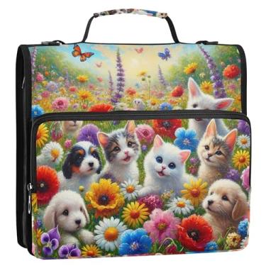 Imagem de Organizador de fichário com zíper, animais de estimação, colorido, floral, 3,8 cm, 3 anéis, bolsa divertida com alça para portfólio escolar e suporte de pasta de anel