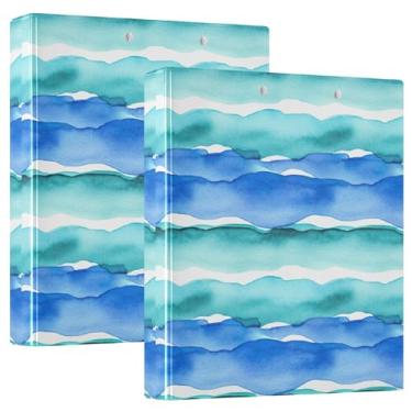 Imagem de Fichários em aquarela azul turquesa ondas do oceano 3,8 cm, 3 anéis, 200 folhas, anel redondo, fichário de apresentação, 31,5 x 27 x 6 cm, pacote com 2
