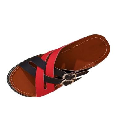 Imagem de Sandálias femininas de praia com salto cunha combinando cores elegantes e confortáveis para o verão, Vermelho, 36