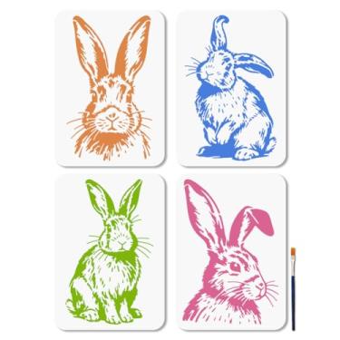 Imagem de MAYJOYDIY 4 peças de estêncil realista de coelho de pelúcia para pintura de coelhinho 11,7 × 8,7 cm, modelo de desenho de animal fofo com pincel de pintura para artesanato na janela, parede de madeira