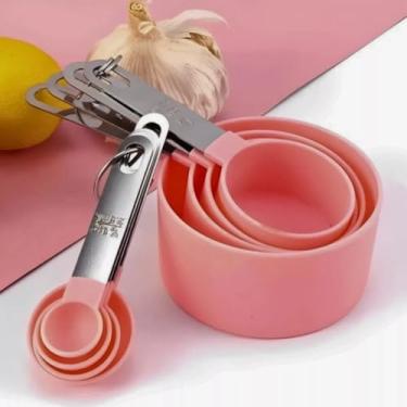 Imagem de Conjunto de Xícaras e Colheres Medidoras de Cozinha, Aço Inoxidável Grau Alimentício, com Escalas Gravadas e Anel Organizador