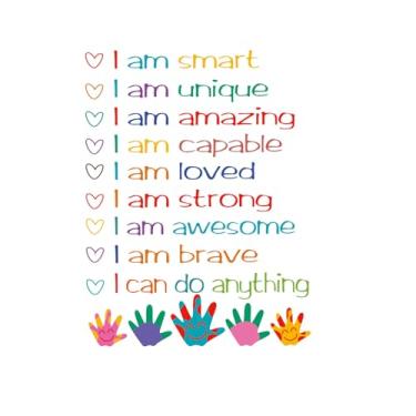Imagem de Decalques de parede inspiradores dizendo positivo eu sou inteligente adesivo incrível mãos coloridas decoração de parede motivacional arte para quarto de crianças decoração de banheiro (PHT4027)