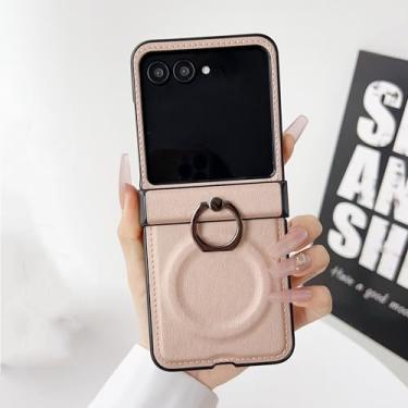 Imagem de Capa clássica de couro com suporte magnético em anel de metal para Samsung Z Flip 6 5 4 3 5g com fivela de dedo (para Galaxy Z Flip 4/Rosa)