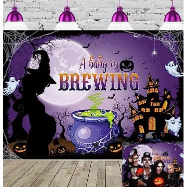 Imagem de A Baby is Brewing Halloween pano de fundo mágico tema de bruxa chá de bebê fotografia fundo Halloween recém-nascido crianças faixa bolo decorações de mesa 20 x 1,8 m