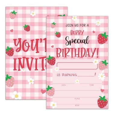 Imagem de Moonle Convites especiais de festa de aniversário de baga, convites de festa de morango para meninas, 20 convites de preenchimento frente e verso com envelopes, lembrancinha e decoração de festa de